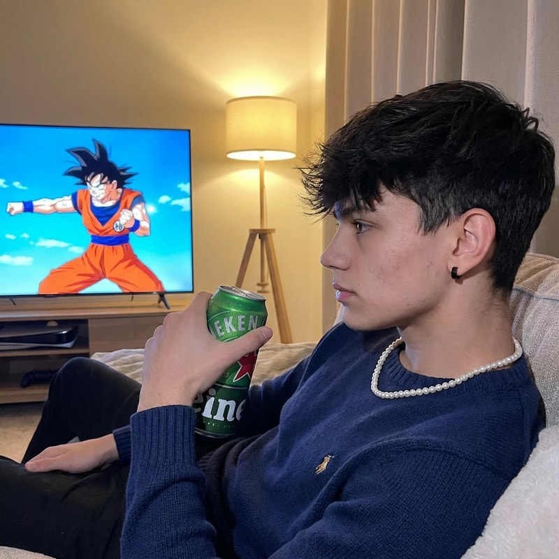 Szerkessz meg hol a lakásba vagyok és fekszek napszemüveg nem kel illetve a TV-be nézem Songokut. És van rajtam 1 elegáns fehér gyöngy nyaklánc a kezembe 1 Heinekem sőr dobozos. És full realisztikus legyen a kép ne lehessen megmondani hogy AI