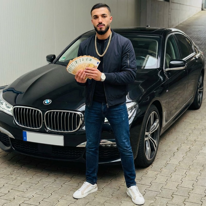 Szerkeszd meg ezt a képet úgy hogy 1 BMW előtt álok, barakka nyaklánc a nyakamba, Zara farmer, zara kabát, zara cipő és mutatom az eurókat