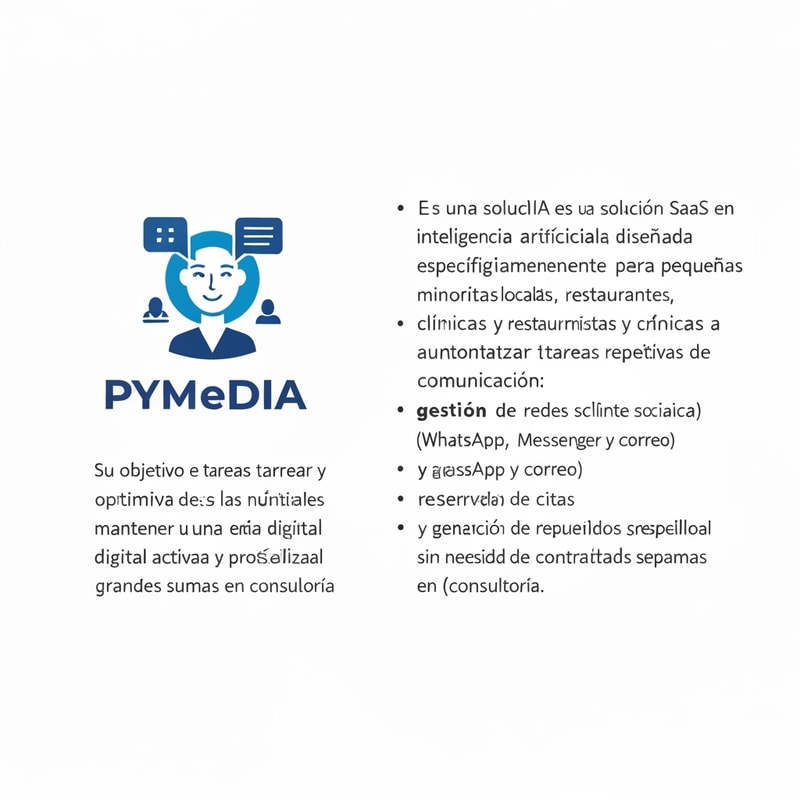 Quiero crear un logo para esta empresa de IA:
PYMedIA es una solución SaaS basada en inteligencia artificial diseñada específicamente para pequeñas y medianas empresas locales (comercios minoristas, restaurantes, clínicas y profesionales autónomos). Su objetivo es automatizar y optimizar tareas repetitivas y críticas de comunicación: gestión de redes sociales (programación de publicaciones y respuestas estándar), atención al cliente básica (WhatsApp, Messenger y correo), reserva y agenda de citas, y generación de contenidos sencillos (copies y respuestas). 
PYMedIA busca reducir la carga operativa de las pymes permitiéndoles mantener una presencia digital activa y profesional sin necesidad de contratar personal especializado ni invertir grandes sumas en consultoría.