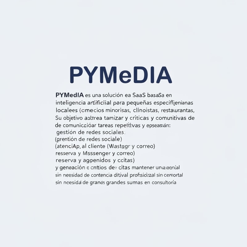 Quiero crear un logo para esta empresa de IA:
PYMedIA es una solución SaaS basada en inteligencia artificial diseñada específicamente para pequeñas y medianas empresas locales (comercios minoristas, restaurantes, clínicas y profesionales autónomos). Su objetivo es automatizar y optimizar tareas repetitivas y críticas de comunicación: gestión de redes sociales (programación de publicaciones y respuestas estándar), atención al cliente básica (WhatsApp, Messenger y correo), reserva y agenda de citas, y generación de contenidos sencillos (copies y respuestas).
PYMedIA busca reducir la carga operativa de las pymes permitiéndoles mantener una presencia digital activa y profesional sin necesidad de contratar personal especializado ni invertir grandes sumas en consultoría.