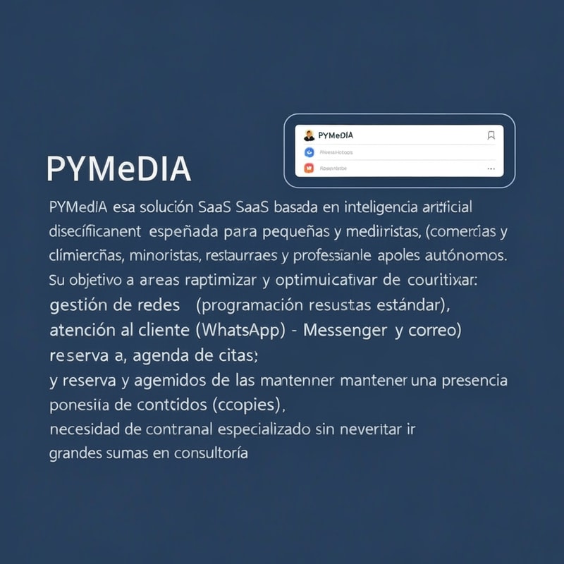 Quiero crear un logo para esta empresa de IA:
PYMedIA es una solución SaaS basada en inteligencia artificial diseñada específicamente para pequeñas y medianas empresas locales (comercios minoristas, restaurantes, clínicas y profesionales autónomos). Su objetivo es automatizar y optimizar tareas repetitivas y críticas de comunicación: gestión de redes sociales (programación de publicaciones y respuestas estándar), atención al cliente básica (WhatsApp, Messenger y correo), reserva y agenda de citas, y generación de contenidos sencillos (copies y respuestas). 
PYMedIA busca reducir la carga operativa de las pymes permitiéndoles mantener una presencia digital activa y profesional sin necesidad de contratar personal especializado ni invertir grandes sumas en consultoría.