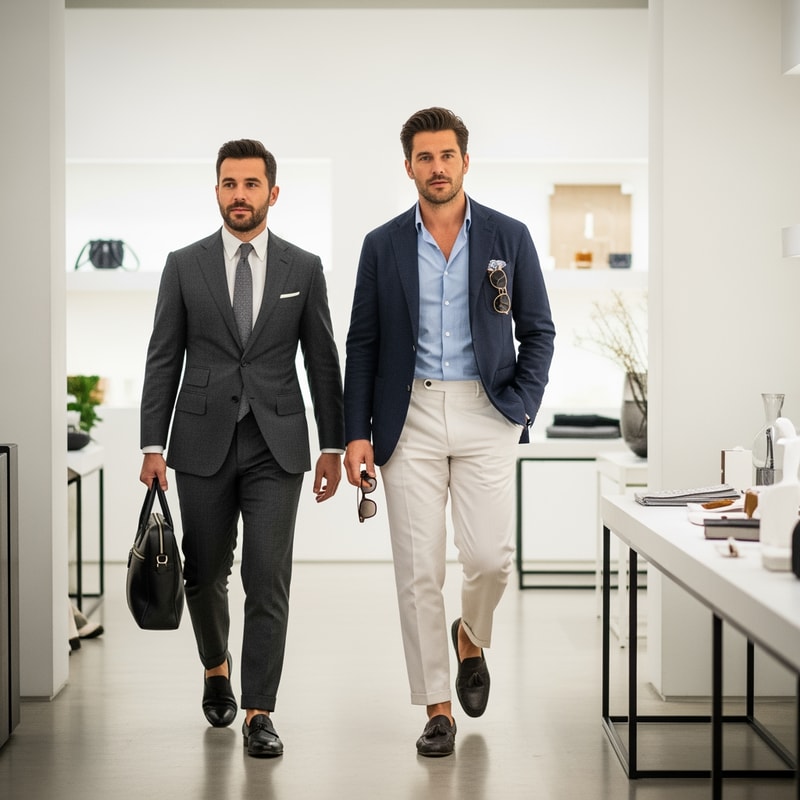 recreate this picture make these two handsome men walk in a very design store and make them look like celberities while keep thier original details