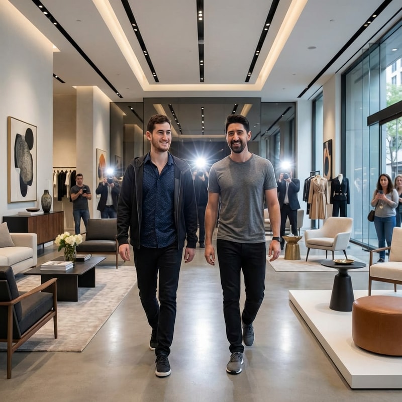 recreate this picture make these two handsome men walk in a very design store and make them look like celberities while keep thier original details