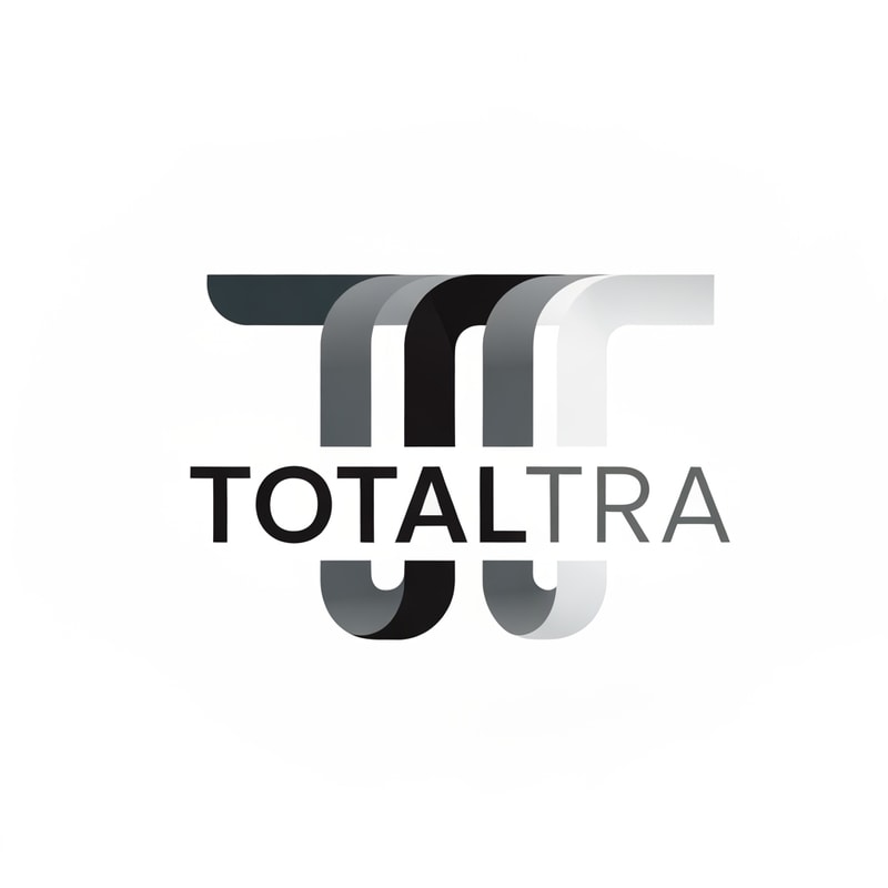 Abstract logo for 'Totaltra' company. The design should be an abstract interpretation of a double 'T' (TT). Include the word 'Totaltra' in a sleek, sans-serif typography. Use a color palette of dark greys, black, and white. Modern, clean, and professional. The abstract form should subtly suggest the 'TT' while conveying reliability, efficiency, and completeness. The overall logo should be suitable for digital and print use, focusing on a unique, memorable, and sophisticated visual element with clear brand recognition.