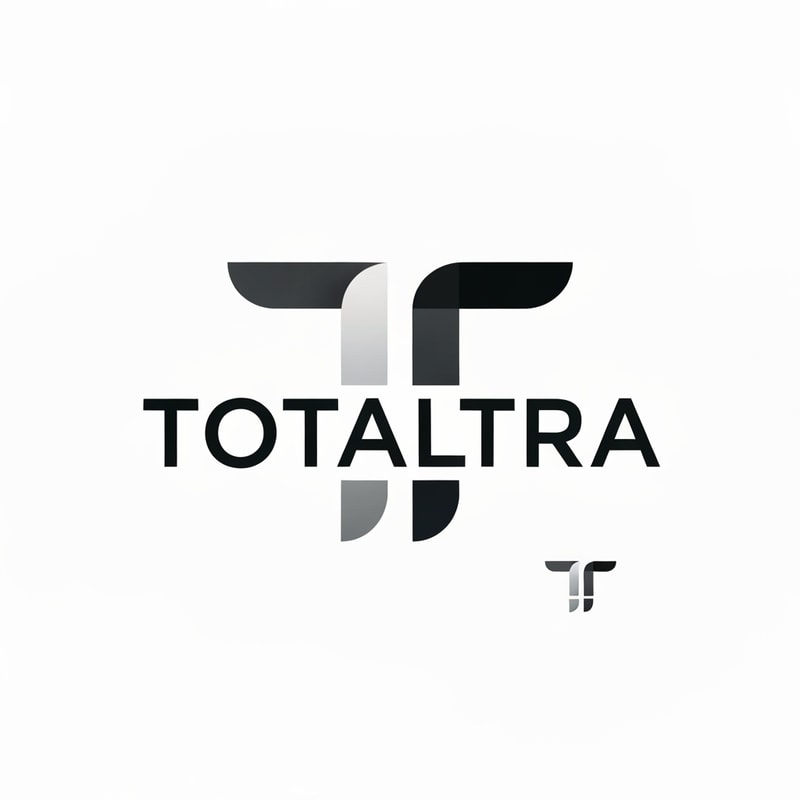 Abstract logo for 'Totaltra' company. The design should be an abstract interpretation of a double 'T' (TT). Include the word 'Totaltra' in a sleek, sans-serif typography. Use a color palette of dark greys, black, and white. Modern, clean, and professional. The abstract form should subtly suggest the 'TT' while conveying reliability, efficiency, and completeness. The overall logo should be suitable for digital and print use, focusing on a unique, memorable, and sophisticated visual element with clear brand recognition.