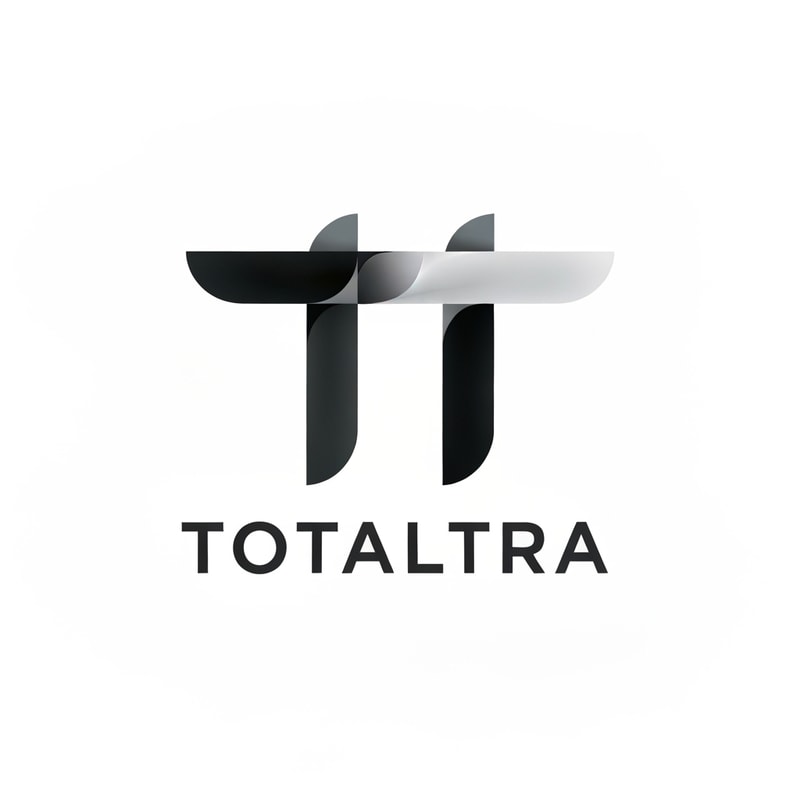 Abstract logo for 'Totaltra' company. The design should be an abstract interpretation of a double 'T' (TT). Include the word 'Totaltra' in a sleek, sans-serif typography. Use a color palette of dark greys, black, and white. Modern, clean, and professional. The abstract form should subtly suggest the 'TT' while conveying reliability, efficiency, and completeness. The overall logo should be suitable for digital and print use, focusing on a unique, memorable, and sophisticated visual element with clear brand recognition.
