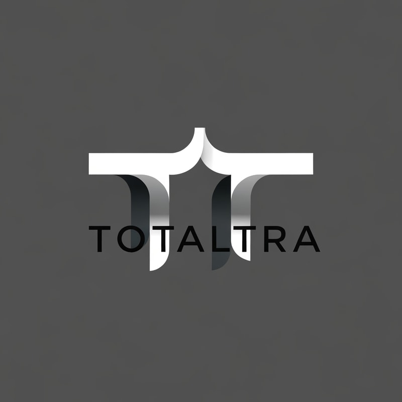 Abstract logo for 'Totaltra' company. The design should be an abstract interpretation of a double 'T' (TT). Include the word 'Totaltra' in a sleek, sans-serif typography. Use a color palette of dark greys, black, and white. Modern, clean, and professional. The abstract form should subtly suggest the 'TT' while conveying reliability, efficiency, and completeness. The overall logo should be suitable for digital and print use, focusing on a unique, memorable, and sophisticated visual element with clear brand recognition.