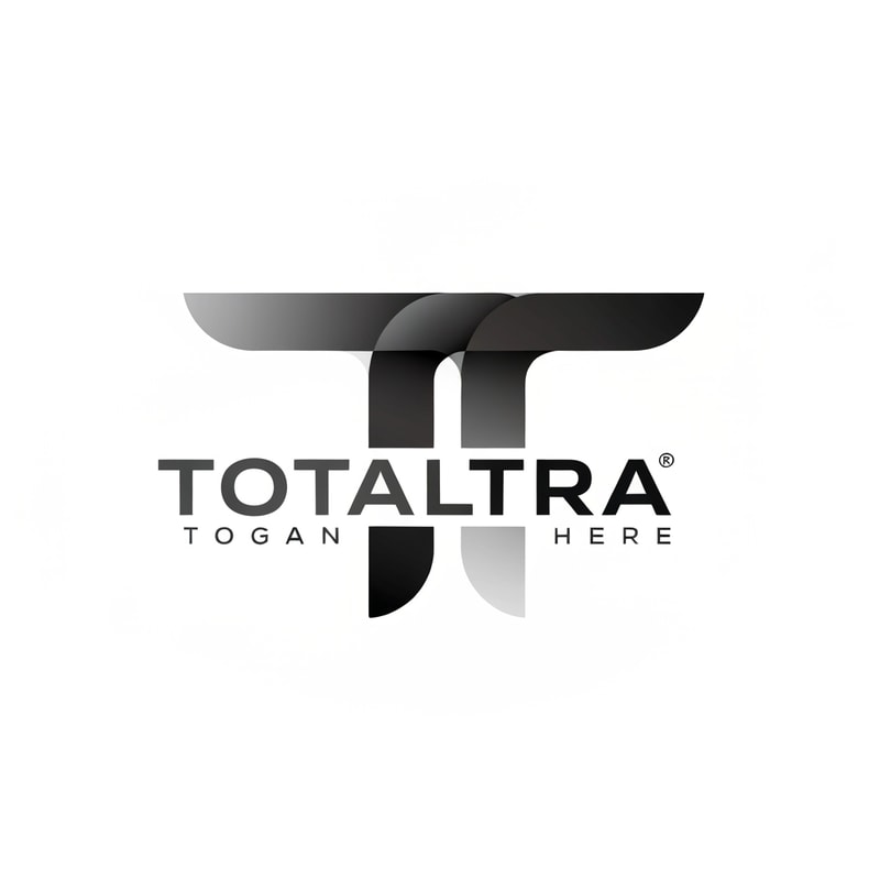 Abstract logo for 'Totaltra' company. The design should be an abstract interpretation of a double 'T' (TT). Include the word 'Totaltra' in a sleek, sans-serif typography. Use a color palette of dark greys, black, and white. Modern, clean, and professional. The abstract form should subtly suggest the 'TT' while conveying reliability, efficiency, and completeness. The overall logo should be suitable for digital and print use, focusing on a unique, memorable, and sophisticated visual element with clear brand recognition.