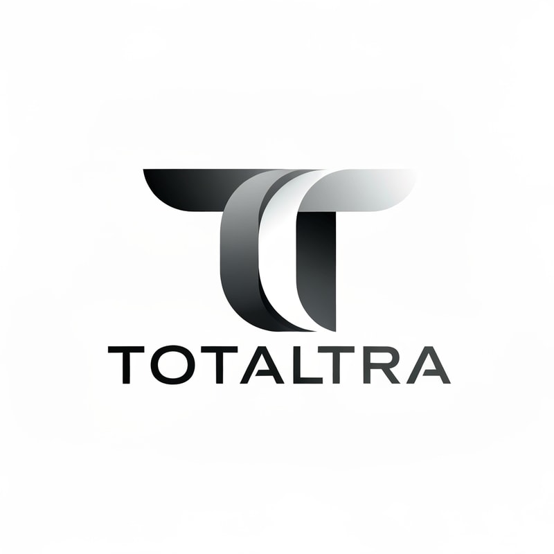 Abstract logo for 'Totaltra' company. The design should be an abstract interpretation of a double 'T' (TT). Include the word 'Totaltra' in a sleek, sans-serif typography. Use a color palette of dark greys, black, and white. Modern, clean, and professional. The abstract form should subtly suggest the 'TT' while conveying reliability, efficiency, and completeness. The overall logo should be suitable for digital and print use, focusing on a unique, memorable, and sophisticated visual element with clear brand recognition.