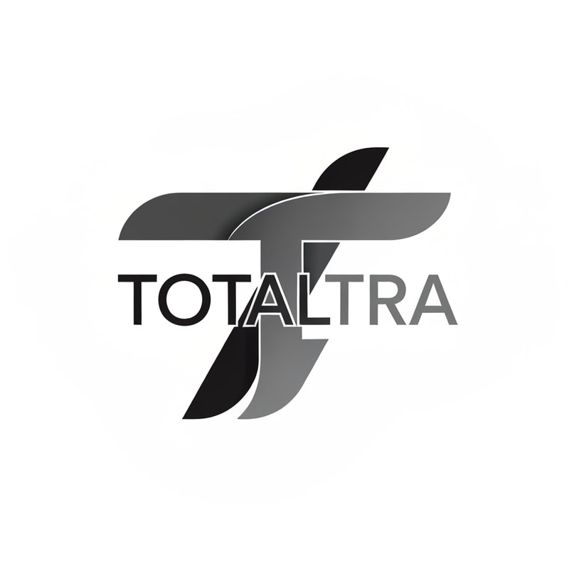 Abstract logo for 'Totaltra' company. The design should be an abstract interpretation of a double 'T' (TT). Include the word 'Totaltra' in a sleek, sans-serif typography. Use a color palette of dark greys, black, and white. Modern, clean, and professional. The abstract form should subtly suggest the 'TT' while conveying reliability, efficiency, and completeness. The overall logo should be suitable for digital and print use, focusing on a unique, memorable, and sophisticated visual element with clear brand recognition.
