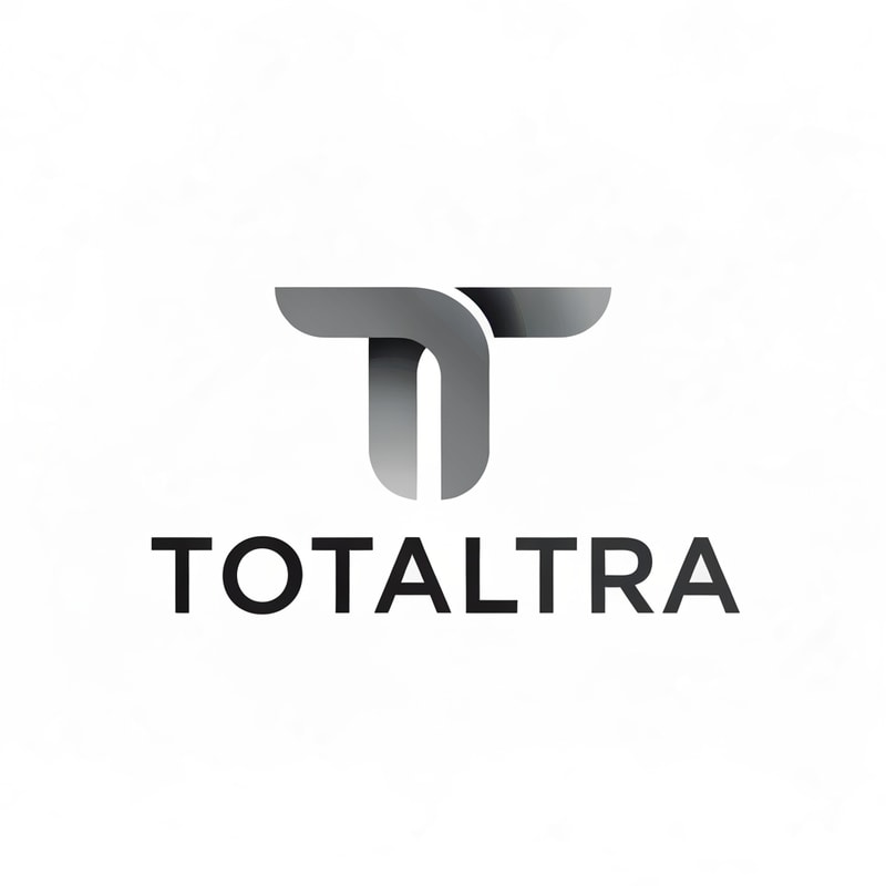Abstract logo for 'Totaltra' company. The design should be an abstract interpretation of a double 'T' (TT). Include the word 'Totaltra' in a sleek, sans-serif typography. Use a color palette of dark greys, black, and white. Modern, clean, and professional. The abstract form should subtly suggest the 'TT' while conveying reliability, efficiency, and completeness. The overall logo should be suitable for digital and print use, focusing on a unique, memorable, and sophisticated visual element with clear brand recognition.