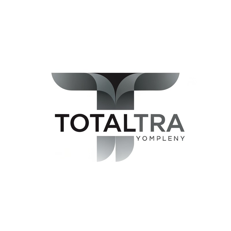 Abstract logo for 'Totaltra' company. The design should be an abstract interpretation of a double 'T' (TT). Include the word 'Totaltra' in a sleek, sans-serif typography. Use a color palette of dark greys, black, and white. Modern, clean, and professional. The abstract form should subtly suggest the 'TT' while conveying reliability, efficiency, and completeness. The overall logo should be suitable for digital and print use, focusing on a unique, memorable, and sophisticated visual element with clear brand recognition.