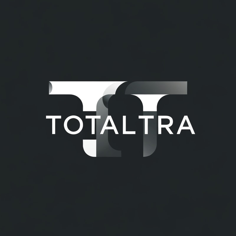 Abstract logo for 'Totaltra' company. The design should be an abstract interpretation of a double 'T' (TT). Include the word 'Totaltra' in a sleek, sans-serif typography. Use a color palette of dark greys, black, and white. Modern, clean, and professional. The abstract form should subtly suggest the 'TT' while conveying reliability, efficiency, and completeness. The overall logo should be suitable for digital and print use, focusing on a unique, memorable, and sophisticated visual element with clear brand recognition.