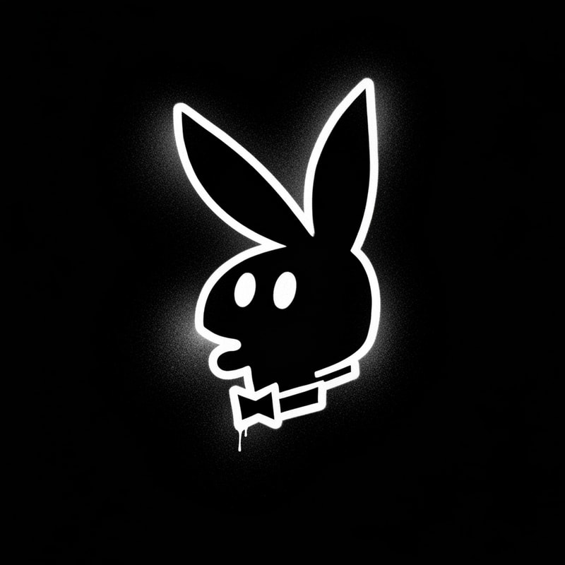 Erstelle den hasenkopf vom Playboy bunnny Logo in Graffiti stil auf schwarzen Hintergrund. Es soll nur der Umriss sein und die füllfarbe schwarz haben und gesprayed aussehen dabei  soll Farbe auch etwas runterlaufen.