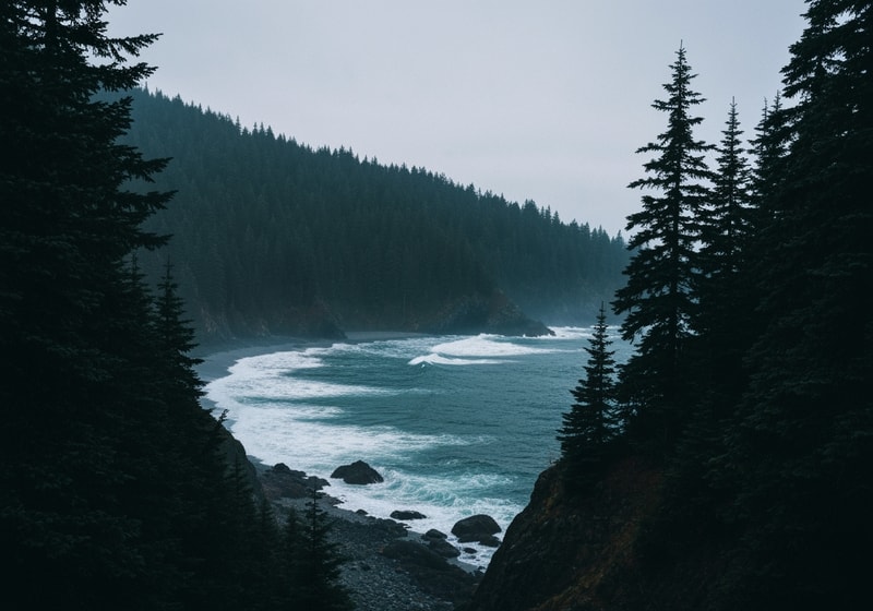 Ocean, forest image with dark colors