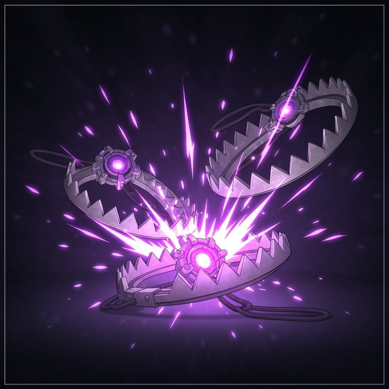 "Anime-style Twitch subscription alert, dynamic composition with New World Aeternum bear traps popping onto screen. The traps have detailed metallic textures with glowing azoth purple energy, drawn in a clean anime/cel-shaded style. When triggered, the traps snap shut with bright purple spark effects and particle bursts. Dark background with subtle magical ambiance, 1920x1080 resolution, optimized for streaming."