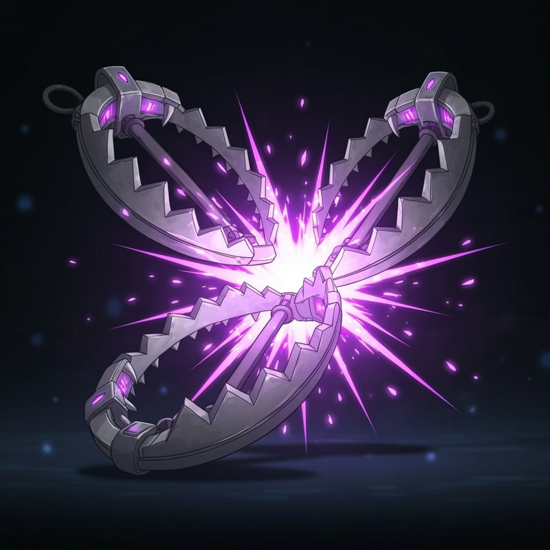 "Anime-style Twitch subscription alert, dynamic composition with New World Aeternum bear traps popping onto screen. The traps have detailed metallic textures with glowing azoth purple energy, drawn in a clean anime/cel-shaded style. When triggered, the traps snap shut with bright purple spark effects and particle bursts. Dark background with subtle magical ambiance, 1920x1080 resolution, optimized for streaming."