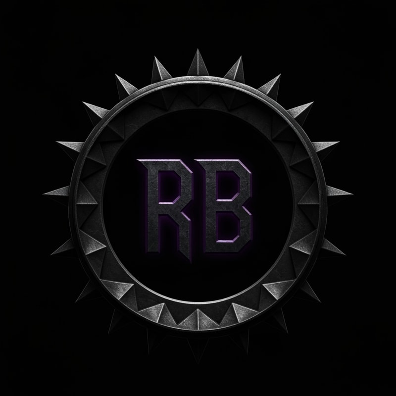 "Circular Twitch logo in the exact same dark, glowing metallic style as the reference image. The circular frame is a menacing, spiked New World Aeternum bear trap, with sharp triangular teeth pointing upwards. Centered inside the trap is the 'RB' monogram, rendered in the same shadowy metal with a deep azoth purple glow emanating from within the letters. Pure black background."