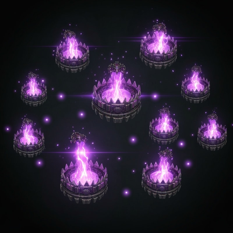 "Animated Twitch subscription alert banner, same composition as the default Twitch gift alert but with New World Aeternum bear traps instead of gift boxes. Multiple detailed mechanical traps with glowing azoth purple energy popping up on screen with particle effects and light glow animations. Dark fantasy aesthetic, streaming overlay graphic, 1920x1080 resolution, animated with subtle movement and glow pulses."