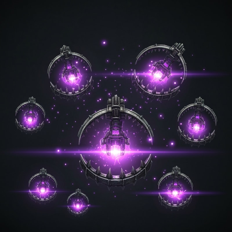 "Animated Twitch subscription alert banner, same composition as the default Twitch gift alert but with New World Aeternum bear traps instead of gift boxes. Multiple detailed mechanical traps with glowing azoth purple energy popping up on screen with particle effects and light glow animations. Dark fantasy aesthetic, streaming overlay graphic, 1920x1080 resolution, animated with subtle movement and glow pulses."