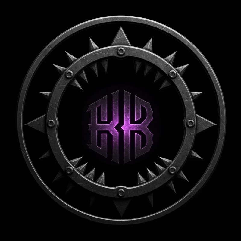 "Circular Twitch logo in the exact same dark, glowing metallic style as the reference image. The circular frame is a menacing, spiked New World Aeternum bear trap, with sharp triangular teeth pointing upwards. Centered inside the trap is the 'RB' monogram, rendered in the same shadowy metal with a deep azoth purple glow emanating from within the letters. Pure black background."