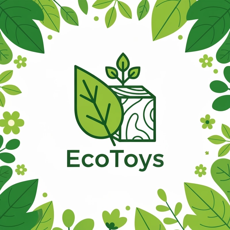 EcoToys logo, minimalist style, geometric design, green leaf and stylized wooden block combined, clean lines, simple shapes, modern, eco-friendly, vector illustration, white background
surrounded by bright green leaves and flowers, whimsical and fun, vector illustration, toy packaging design, eco-friendly, happy and inviting, vibrant colors