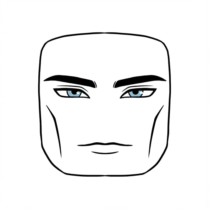 Stylized Roblox face only, clearly non-realistic and game-like, smooth flat colors, minimal shading, clean simple linework, iconic Roblox head proportions, ultra-attractive pentamogger aesthetic, perfectly symmetrical face, calm confident godlike expression, relaxed eyelids, slightly lifted outer eye corners, light blue stylized eyes with tiny highlights, refined masculine eyebrows, smooth cheeks and jaw with no wrinkles, centered front-facing head, plain background, unmistakably Roblox avatar face, not realistic, not detailed skin, not human-like use only black and white besides the eyes (color them) keep it to simple line work and make the background a singular color give him insanely prominent high bone density whilst keeping the art look handdrawn make sure theres no face outline and the face blends in with the background