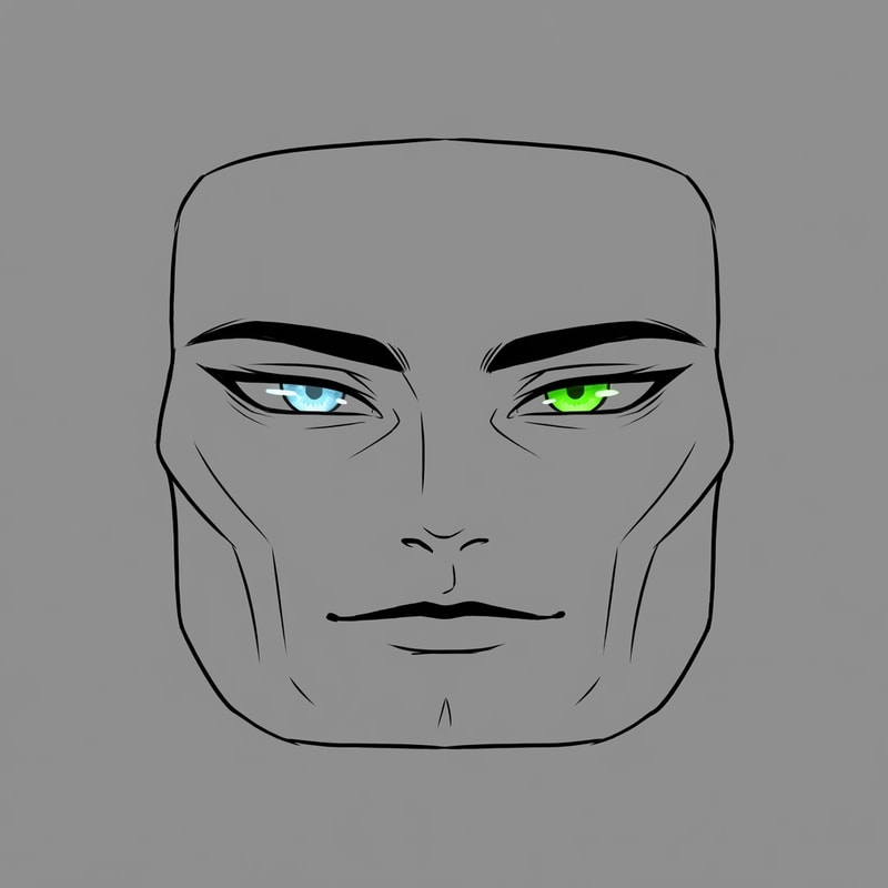 Stylized Roblox face only, clearly non-realistic and game-like, smooth flat colors, minimal shading, clean simple linework, iconic Roblox head proportions, ultra-attractive pentamogger aesthetic, perfectly symmetrical face, calm confident godlike expression, relaxed eyelids, slightly lifted outer eye corners, light blue stylized eyes with tiny highlights, refined masculine eyebrows, smooth cheeks and jaw with no wrinkles, centered front-facing head, plain background, unmistakably Roblox avatar face, not realistic, not detailed skin, not human-like use only black and white besides the eyes (color them) keep it to simple line work and make the background a singular color give him insanely prominent high bone density whilst keeping the art look handdrawn make sure theres no face outline and the face blends in with the background give him an extreme positive canthal tilt with hetrachromia, one icey blue eye and one bright green eye