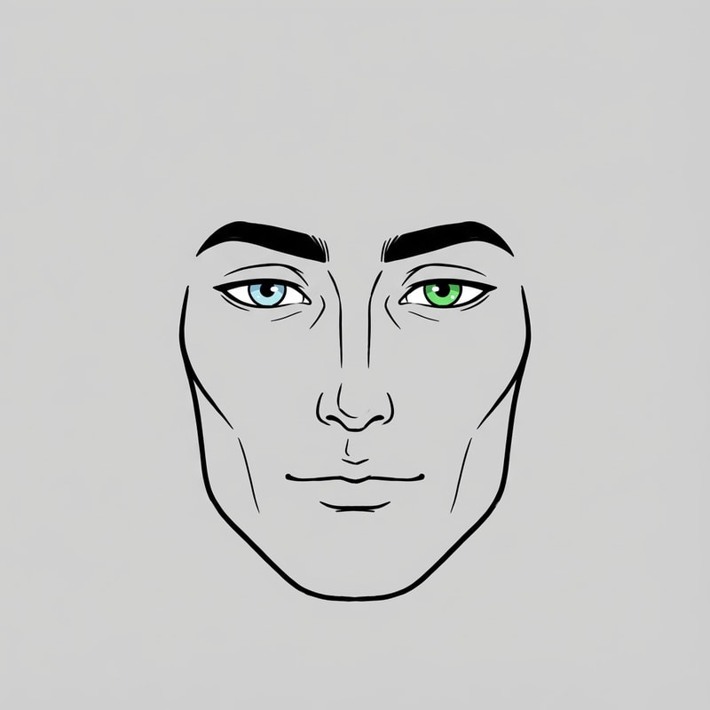 Stylized Roblox face only, clearly non-realistic and game-like, smooth flat colors, minimal shading, clean simple linework, iconic Roblox head proportions, ultra-attractive pentamogger aesthetic, perfectly symmetrical face, calm confident godlike expression, relaxed eyelids, slightly lifted outer eye corners, light blue stylized eyes with tiny highlights, refined masculine eyebrows, smooth cheeks and jaw with no wrinkles, centered front-facing head, plain background, unmistakably Roblox avatar face, not realistic, not detailed skin, not human-like use only black and white besides the eyes (color them) keep it to simple line work and make the background a singular color give him insanely prominent high bone density whilst keeping the art look handdrawn make sure theres no face outline and the face blends in with the background give him an extreme positive canthal tilt with hetrachromia, one icey blue eye and one bright green eye