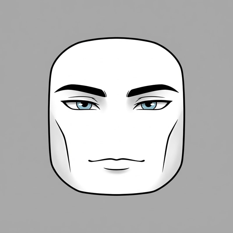 Stylized Roblox face only, clearly non-realistic and game-like, smooth flat colors, minimal shading, clean simple linework, iconic Roblox head proportions, ultra-attractive pentamogger aesthetic, perfectly symmetrical face, calm confident godlike expression, relaxed eyelids, slightly lifted outer eye corners, light blue stylized eyes with tiny highlights, refined masculine eyebrows, smooth cheeks and jaw with no wrinkles, subtle soft gradients only, simplified cartoon lighting, neutral expression, centered front-facing head, plain background, unmistakably Roblox avatar face, not realistic, not detailed skin, not human-like use only black and white besides the eyes (color them) keep it to simple line work and make the background a singular color