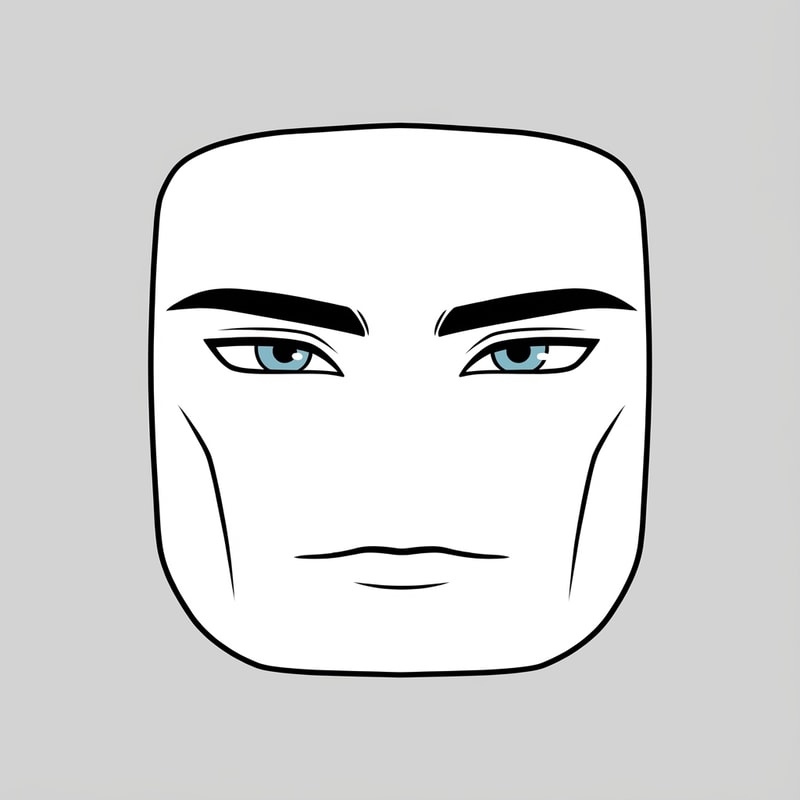 Stylized Roblox face only, clearly non-realistic and game-like, smooth flat colors, minimal shading, clean simple linework, iconic Roblox head proportions, ultra-attractive pentamogger aesthetic, perfectly symmetrical face, calm confident godlike expression, relaxed eyelids, slightly lifted outer eye corners, light blue stylized eyes with tiny highlights, refined masculine eyebrows, smooth cheeks and jaw with no wrinkles, subtle soft gradients only, simplified cartoon lighting, neutral expression, centered front-facing head, plain background, unmistakably Roblox avatar face, not realistic, not detailed skin, not human-like use only black and white besides the eyes (color them) keep it to simple line work and make the background a singular color