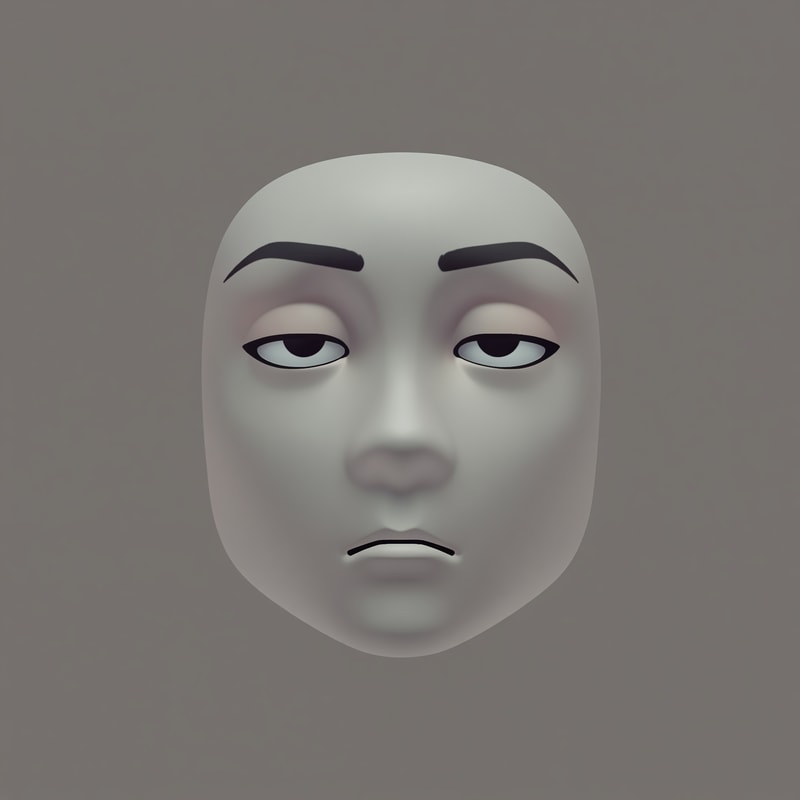 Stylized Roblox avatar face texture for UGC,
soft simplified face with minimal structure,
smooth mannequin-like shading,
muted gray-beige skin tone,
IMPORTANT: generate a UNIQUE face each time,
vary eye shape, eyelid height, brow angle, and mouth placement,
do NOT reuse the same facial proportions,
semi-anime eyes with relaxed expression,
choose ONE eye style per image:
- narrow sleepy eyes
- rounded soft eyes
- half-lidded smug eyes
- heavy upper eyelids
- slightly uneven eyes
brows should differ per image:
- flat
- slightly arched
- subtly tilted
- uneven height
small simple mouth with minimal detail,
vary mouth position and curve:
- flat line
- slight frown
- tiny smirk
- off-center neutral line
low-energy emotion but NOT identical,
soft gradients, no harsh outlines,
muted desaturated colors,
neutral studio lighting,
simple flat or soft gray background,
centered composition,
designed for Roblox head mesh,
AVOID:
photorealism, portrait illustration,
identical faces, repeated proportions,
over-smoothed mannequin faces,
thick black ink lines,
high saturation,
anime character art