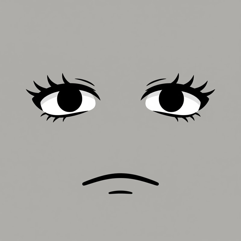 Roblox avatar face DECAL texture,
ONLY floating facial features on a flat texture,
eyes and mouth drawn as simple symbols, not a face,
no face outline, no head, no jaw, no cheeks, no chin,
no nose, no nostrils, no facial anatomy,

stylized minimalist Roblox face aesthetic,
intentionally plain and slightly awkward,
subtle anime influence but NOT cute or pretty,
thick simple lashes, flat pupils, reduced eye whites,
no glossy highlights, no sparkles,
neutral muted emotion, low-energy expression,

mouth drawn with ONE short flat line or tiny curve,
no lips, no corners, no detail,
uniform thin line weight across all features,

designed to look strange alone but correct on a Roblox head,
centered composition, transparent or flat background,

AVOID:
human face, portrait, illustration,
pretty face, cute face, doll face,
lips, lipstick, detailed mouth,
large shiny eyes, baby eyes,
nose or nose shading,
skin gradients, facial structure,
3D head, mesh, skull,
anime character art, polished beauty style,
photorealism, dramatic lighting