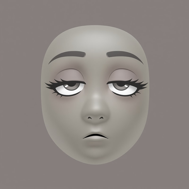 Stylized Roblox avatar face texture designed for UGC,
soft simplified face with minimal structure,
no realistic anatomy, no sharp jawline,
smooth mannequin-like head shading,
muted gray-beige skin tone,

semi-anime eyes with soft expression,
half-lidded or relaxed eyelids,
thick upper lashes with soft dark-gray line weight,
reduced eye whites, flat pupils,
very subtle eye shading, no gloss or sparkle,

small simple mouth with minimal detail,
no defined lips, no teeth,
slight asymmetry allowed,
low-energy emotion (tired, smug, calm, neutral),

soft gradient shading on the face,
no harsh outlines, no pure black line art,
muted desaturated colors,
Roblox-native aesthetic,

neutral studio lighting,
simple flat or very soft gray background,
centered composition,
designed to look good on a Roblox head mesh,

AVOID:
photorealism, portrait illustration,
sharp jawlines, cheekbones,
detailed noses or nostrils,
high-saturation colors,
thick black ink lines,
icon-only floating facial features,
SVG or sticker style,
anime character illustration,
overly cute or doll-like faces