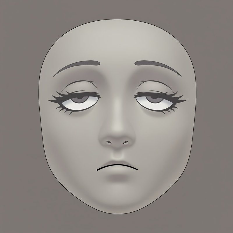 Stylized Roblox avatar face texture designed for UGC,
soft simplified face with minimal structure,
no realistic anatomy, no sharp jawline,
smooth mannequin-like head shading,
muted gray-beige skin tone,

semi-anime eyes with soft expression,
half-lidded or relaxed eyelids,
thick upper lashes with soft dark-gray line weight,
reduced eye whites, flat pupils,
very subtle eye shading, no gloss or sparkle,

small simple mouth with minimal detail,
no defined lips, no teeth,
slight asymmetry allowed,
low-energy emotion (tired, smug, calm, neutral),

soft gradient shading on the face,
no harsh outlines, no pure black line art,
muted desaturated colors,
Roblox-native aesthetic,

neutral studio lighting,
simple flat or very soft gray background,
centered composition,
designed to look good on a Roblox head mesh,

AVOID:
photorealism, portrait illustration,
sharp jawlines, cheekbones,
detailed noses or nostrils,
high-saturation colors,
thick black ink lines,
icon-only floating facial features,
SVG or sticker style,
anime character illustration,
overly cute or doll-like faces