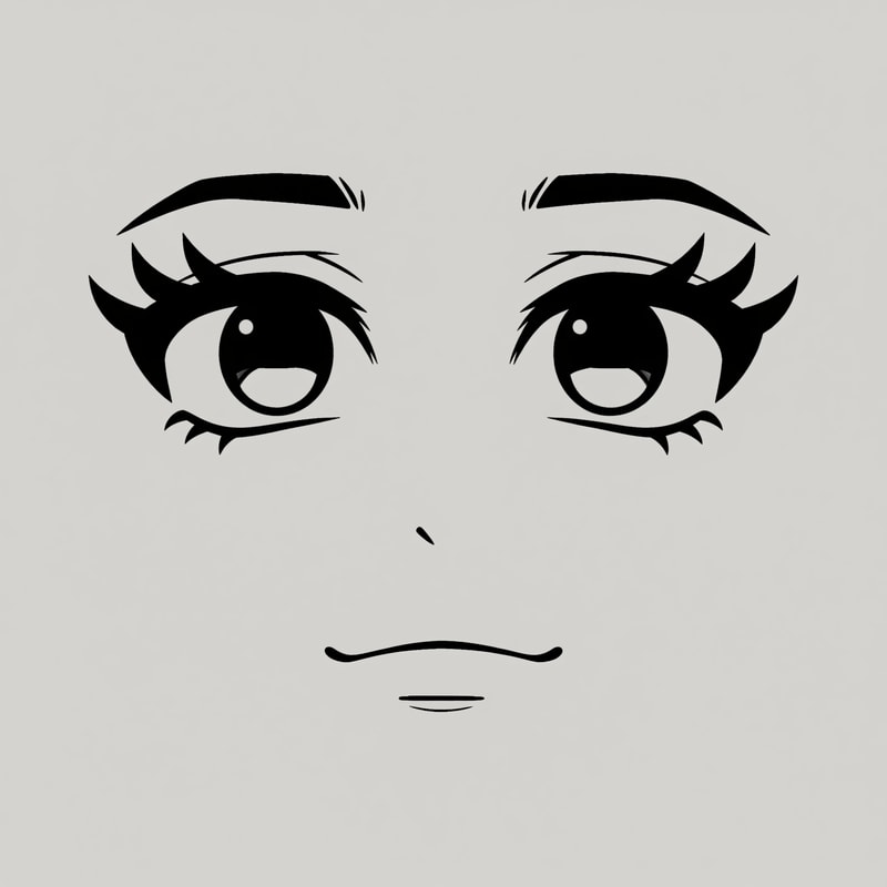 Roblox avatar face DECAL texture,
ONLY floating facial features on a flat texture,
eyes and mouth drawn as simple symbols, not a face,
no face outline, no head, no jaw, no cheeks, no chin,
no nose, no nostrils, no facial anatomy,

stylized minimalist Roblox face aesthetic,
intentionally plain and slightly awkward,
subtle anime influence but NOT cute or pretty,
thick simple lashes, flat pupils, reduced eye whites,
no glossy highlights, no sparkles,
neutral muted emotion, low-energy expression,

mouth drawn with ONE short flat line or tiny curve,
no lips, no corners, no detail,
uniform thin line weight across all features,

designed to look strange alone but correct on a Roblox head,
centered composition, transparent or flat background,

AVOID:
human face, portrait, illustration,
pretty face, cute face, doll face,
lips, lipstick, detailed mouth,
large shiny eyes, baby eyes,
nose or nose shading,
skin gradients, facial structure,
3D head, mesh, skull,
anime character art, polished beauty style,
photorealism, dramatic lighting