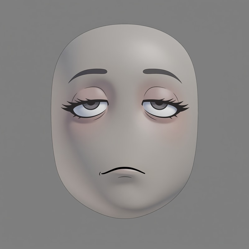 Stylized Roblox avatar face texture designed for UGC,
soft simplified face with minimal structure,
no realistic anatomy, no sharp jawline,
smooth mannequin-like head shading,
muted gray-beige skin tone,

semi-anime eyes with soft expression,
half-lidded or relaxed eyelids,
thick upper lashes with soft dark-gray line weight,
reduced eye whites, flat pupils,
very subtle eye shading, no gloss or sparkle,

small simple mouth with minimal detail,
no defined lips, no teeth,
slight asymmetry allowed,
low-energy emotion (tired, smug, calm, neutral),

soft gradient shading on the face,
no harsh outlines, no pure black line art,
muted desaturated colors,
Roblox-native aesthetic,

neutral studio lighting,
simple flat or very soft gray background,
centered composition,
designed to look good on a Roblox head mesh,

AVOID:
photorealism, portrait illustration,
sharp jawlines, cheekbones,
detailed noses or nostrils,
high-saturation colors,
thick black ink lines,
icon-only floating facial features,
SVG or sticker style,
anime character illustration,
overly cute or doll-like faces