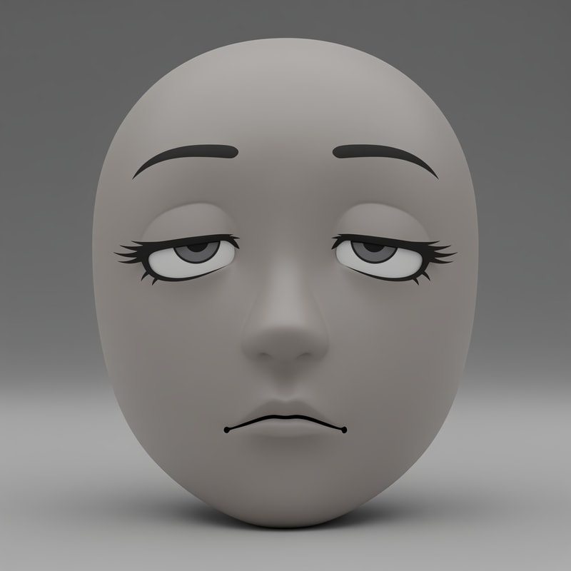 Stylized Roblox avatar face texture designed for UGC,
soft simplified face with minimal structure,
no realistic anatomy, no sharp jawline,
smooth mannequin-like head shading,
muted gray-beige skin tone,

semi-anime eyes with soft expression,
half-lidded or relaxed eyelids,
thick upper lashes with soft dark-gray line weight,
reduced eye whites, flat pupils,
very subtle eye shading, no gloss or sparkle,

small simple mouth with minimal detail,
no defined lips, no teeth,
slight asymmetry allowed,
low-energy emotion (tired, smug, calm, neutral),

soft gradient shading on the face,
no harsh outlines, no pure black line art,
muted desaturated colors,
Roblox-native aesthetic,

neutral studio lighting,
simple flat or very soft gray background,
centered composition,
designed to look good on a Roblox head mesh,

AVOID:
photorealism, portrait illustration,
sharp jawlines, cheekbones,
detailed noses or nostrils,
high-saturation colors,
thick black ink lines,
icon-only floating facial features,
SVG or sticker style,
anime character illustration,
overly cute or doll-like faces