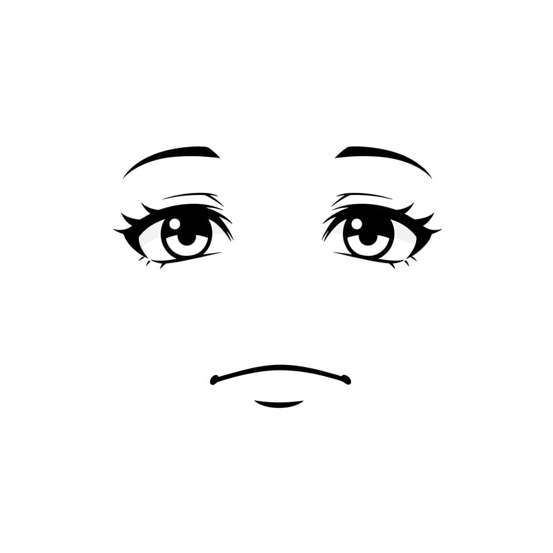 Roblox avatar face DECAL texture,
ONLY floating facial features on a flat texture,
eyes and mouth drawn as simple symbols, not a face,
no face outline, no head, no jaw, no cheeks, no chin,
no nose, no nostrils, no facial anatomy,

stylized minimalist Roblox face aesthetic,
intentionally plain and slightly awkward,
subtle anime influence but NOT cute or pretty,
thick simple lashes, flat pupils, reduced eye whites,
no glossy highlights, no sparkles,
neutral muted emotion, low-energy expression,

mouth drawn with ONE short flat line or tiny curve,
no lips, no corners, no detail,
uniform thin line weight across all features,

designed to look strange alone but correct on a Roblox head,
centered composition, transparent or flat background,

AVOID:
human face, portrait, illustration,
pretty face, cute face, doll face,
lips, lipstick, detailed mouth,
large shiny eyes, baby eyes,
nose or nose shading,
skin gradients, facial structure,
3D head, mesh, skull,
anime character art, polished beauty style,
photorealism, dramatic lighting