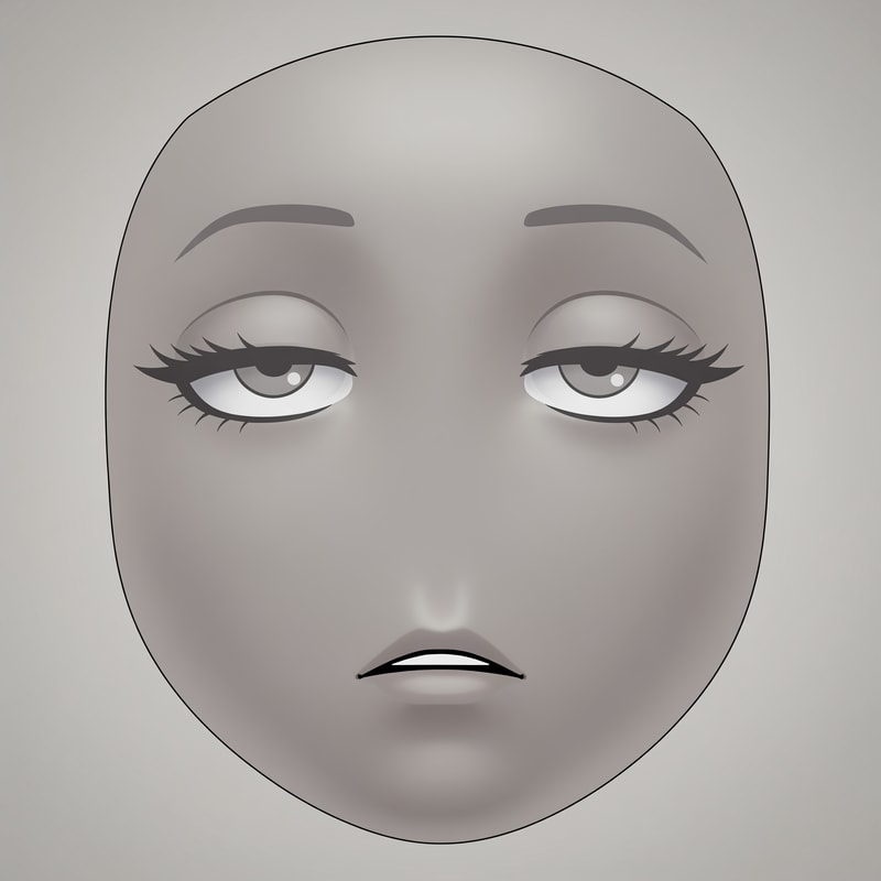 Stylized Roblox avatar face texture designed for UGC,
soft simplified face with minimal structure,
no realistic anatomy, no sharp jawline,
smooth mannequin-like head shading,
muted gray-beige skin tone,

semi-anime eyes with soft expression,
half-lidded or relaxed eyelids,
thick upper lashes with soft dark-gray line weight,
reduced eye whites, flat pupils,
very subtle eye shading, no gloss or sparkle,

small simple mouth with minimal detail,
no defined lips, no teeth,
slight asymmetry allowed,
low-energy emotion (tired, smug, calm, neutral),

soft gradient shading on the face,
no harsh outlines, no pure black line art,
muted desaturated colors,
Roblox-native aesthetic,

neutral studio lighting,
simple flat or very soft gray background,
centered composition,
designed to look good on a Roblox head mesh,

AVOID:
photorealism, portrait illustration,
sharp jawlines, cheekbones,
detailed noses or nostrils,
high-saturation colors,
thick black ink lines,
icon-only floating facial features,
SVG or sticker style,
anime character illustration,
overly cute or doll-like faces