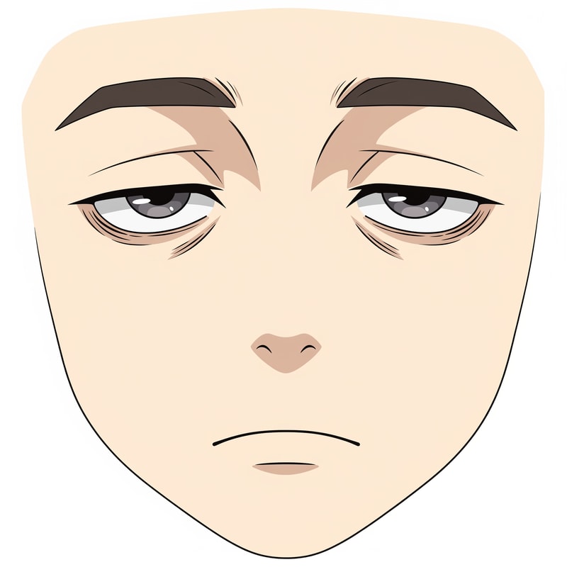 Minimalist stylized anime-inspired face texture for a Roblox avatar,
flat 2D face art, no head or mesh,
tired half-lidded anime eyes,
neutral brows,
flat mouth,
emotionless low-energy expression,
unisex facial appeal,
clean line art, minimal shading