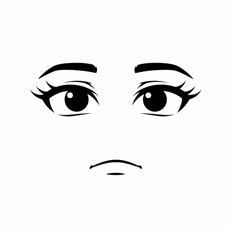 Roblox avatar face DECAL texture,
ONLY floating facial features on a flat texture,
eyes and mouth drawn as simple symbols, not a face,
no face outline, no head, no jaw, no cheeks, no chin,
no nose, no nostrils, no facial anatomy,
stylized minimalist Roblox face aesthetic,
intentionally plain and slightly awkward,
subtle anime influence but NOT cute or pretty,
thick simple lashes, flat pupils, reduced eye whites,
no glossy highlights, no sparkles,
neutral muted emotion, low-energy expression,
mouth drawn with ONE short flat line or tiny curve,
no lips, no corners, no detail,
uniform thin line weight across all features,
designed to look strange alone but correct on a Roblox head,
centered composition, transparent or flat background,
AVOID:
human face, portrait, illustration,
pretty face, cute face, doll face,
lips, lipstick, detailed mouth,
large shiny eyes, baby eyes,
nose or nose shading,
skin gradients, facial structure,
3D head, mesh, skull,
anime character art, polished beauty style,
photorealism, dramatic lighting
