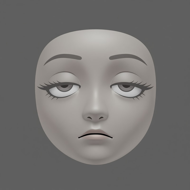 Stylized Roblox avatar face texture designed for UGC,
soft simplified face with minimal structure,
no realistic anatomy, no sharp jawline,
smooth mannequin-like head shading,
muted gray-beige skin tone,
semi-anime eyes with soft expression,
half-lidded or relaxed eyelids,
thick upper lashes with soft dark-gray line weight,
reduced eye whites, flat pupils,
very subtle eye shading, no gloss or sparkle,
small simple mouth with minimal detail,
no defined lips, no teeth,
slight asymmetry allowed,
low-energy emotion (tired, smug, calm, neutral),
soft gradient shading on the face,
no harsh outlines, no pure black line art,
muted desaturated colors,
Roblox-native aesthetic,
neutral studio lighting,
simple flat or very soft gray background,
centered composition,
designed to look good on a Roblox head mesh,
AVOID:
photorealism, portrait illustration,
sharp jawlines, cheekbones,
detailed noses or nostrils,
high-saturation colors,
thick black ink lines,
icon-only floating facial features,
SVG or sticker style,
anime character illustration,
overly cute or doll-like faces