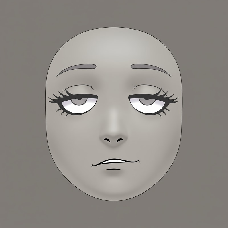 Stylized Roblox avatar face texture designed for UGC,
soft simplified face with minimal structure,
no realistic anatomy, no sharp jawline,
smooth mannequin-like head shading,
muted gray-beige skin tone,
semi-anime eyes with soft expression,
half-lidded or relaxed eyelids,
thick upper lashes with soft dark-gray line weight,
reduced eye whites, flat pupils,
very subtle eye shading, no gloss or sparkle,
small simple mouth with minimal detail,
no defined lips, no teeth,
slight asymmetry allowed,
low-energy emotion (tired, smug, calm, neutral),
soft gradient shading on the face,
no harsh outlines, no pure black line art,
muted desaturated colors,
Roblox-native aesthetic,
neutral studio lighting,
simple flat or very soft gray background,
centered composition,
designed to look good on a Roblox head mesh,
AVOID:
photorealism, portrait illustration,
sharp jawlines, cheekbones,
detailed noses or nostrils,
high-saturation colors,
thick black ink lines,
icon-only floating facial features,
SVG or sticker style,
anime character illustration,
overly cute or doll-like faces