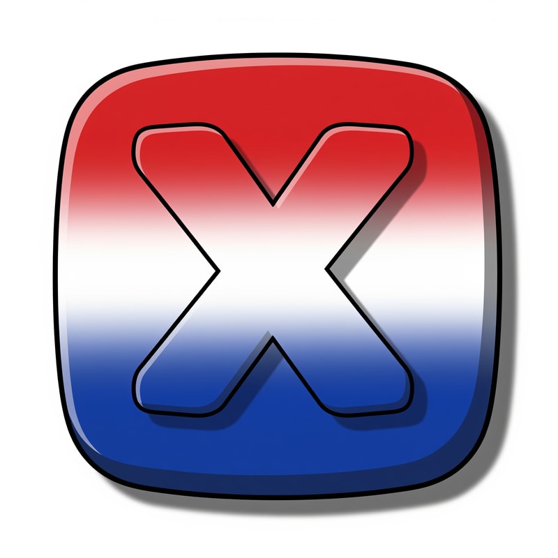 create a X button cartoonish style no numbers make it slightly with a pure white BG make it red white and blue with proper gradient and shading and color strokes