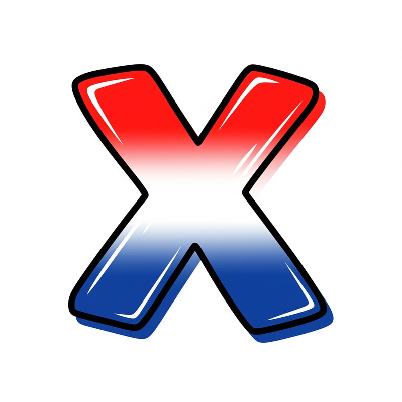 create a X button cartoonish style no numbers make it slightly with a pure white BG make it red white and blue with proper gradient and shading and color strokes