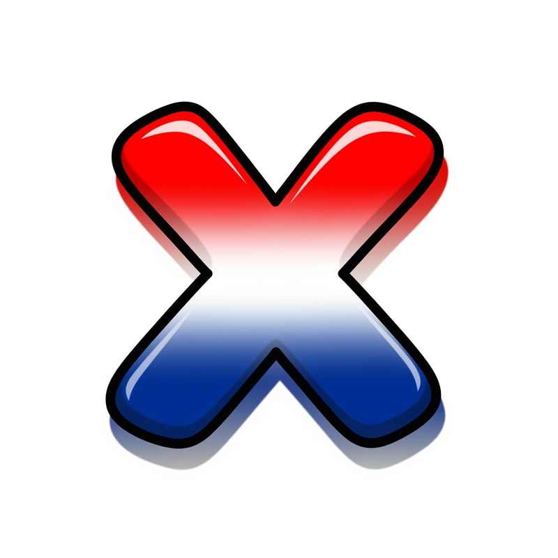 create a X button cartoonish style no numbers make it slightly with a pure white BG make it red white and blue with proper gradient and shading and color strokes