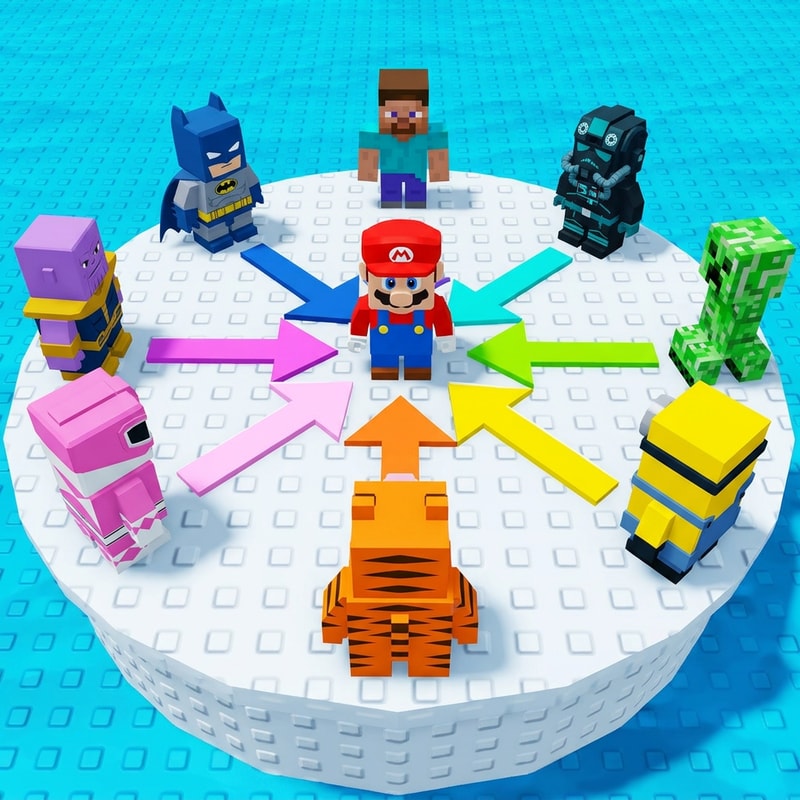 replace these penguins with these characters, ensure the characters are sized down and positioned 1:1 with how the penguins are currently facing, ensure there are no duplicate characters used or warped appearances, shrink them down to make them fit as how the penguins currently fit