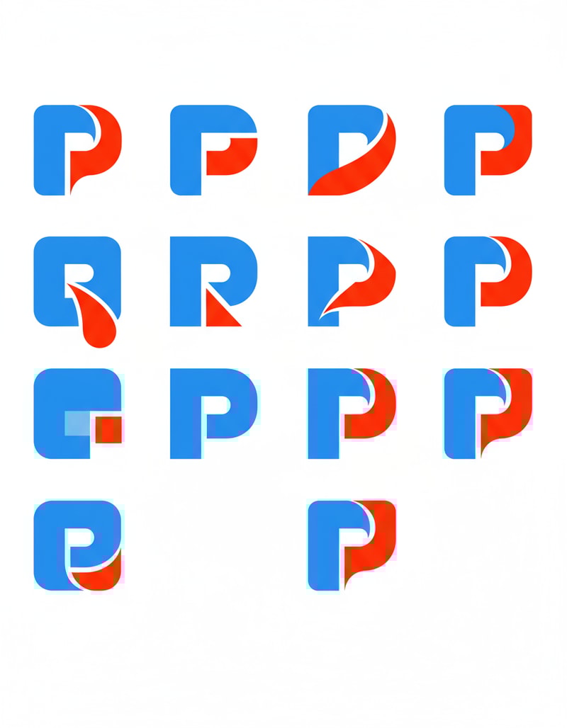 Give me 10 more logos inspired by this image. But the blue part actually represents letter P, and the red part is like a negative space. So we should keep the P, and make it squarish and blocky.