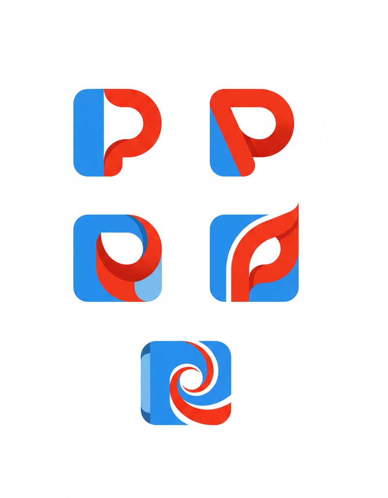 Give me 5 more logos inspired by this image. But the image actually represents letter P, that is blue and the red part is like a negative space. So we should keep the P